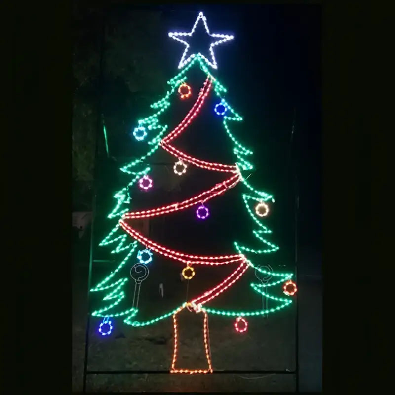 Commercial Garland Draped Christmas Tree with Ornaments and Animated Star - Wireframes Displays and Yard Art