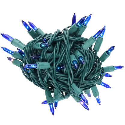 100 Blue Incandescent Mini Lights Green Wire 4’’ Spacing [CLOSEOUT] - Christmas Lights