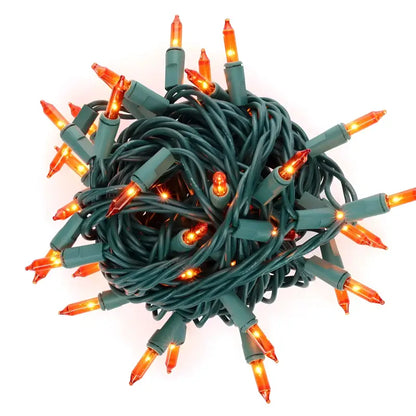 100 Orange Incandescent Mini Lights Green Wire 4’’ Spacing [CLOSEOUT] - Christmas Lights