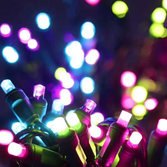 50 5mm ColorSplash Gingerbread Pink,Teal Lime Green Purple LED Christmas Lights 6’’ Spacing - Christmas Lights