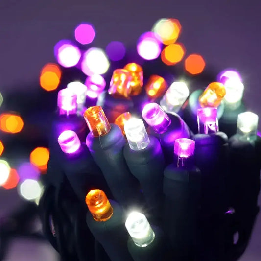 50 5mm ColorSplash Halloween Purple Cool White Orange LED Christmas Lights 6’’ Spacing - Christmas Lights