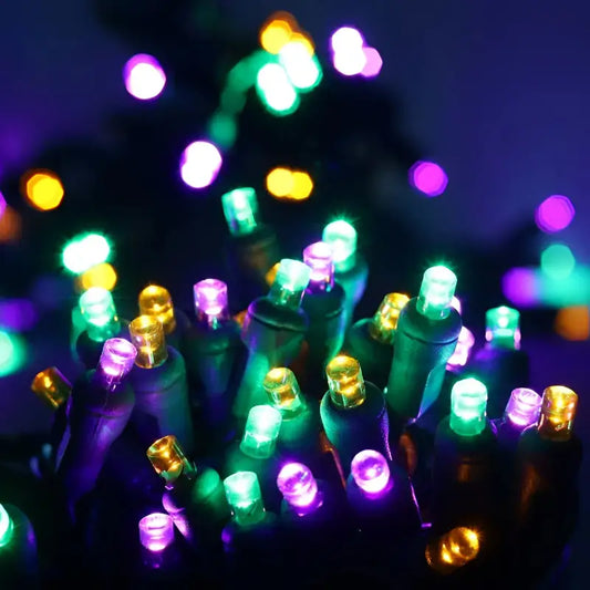 50 5mm ColorSplash Mardi Gras Purple Green Gold LED Christmas Lights 6’’ Spacing - Christmas Lights