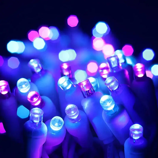 50 5mm ColorSplash Stardust Blue Purple Teal LED Christmas Lights 6’’ Spacing White Wire - Christmas Lights