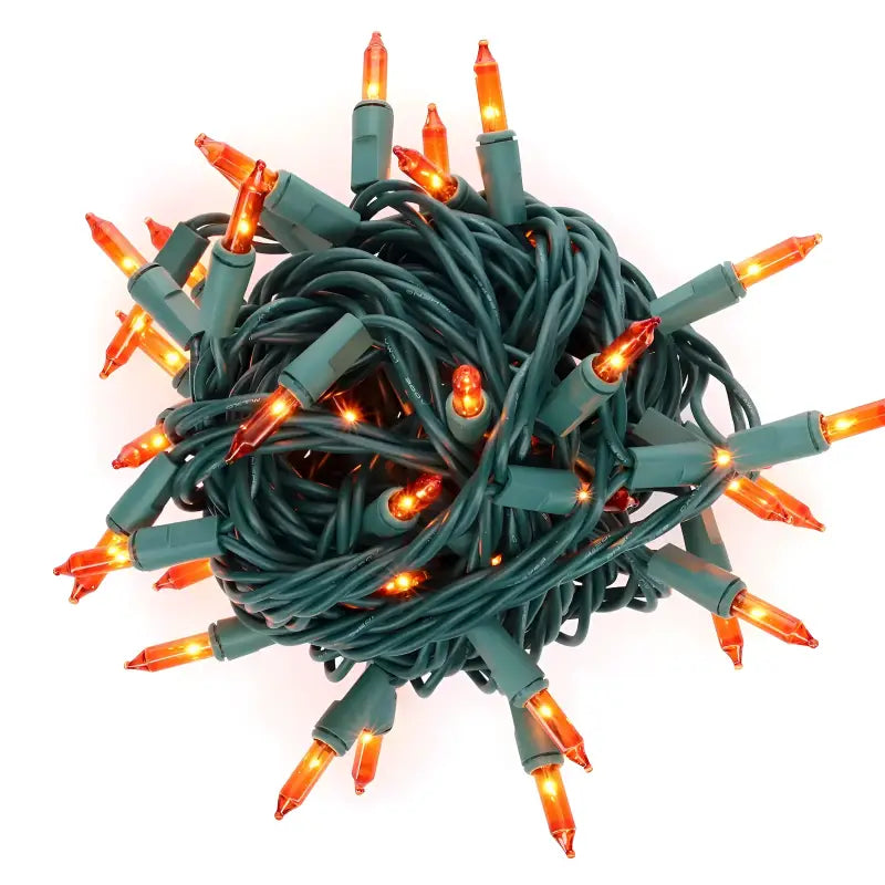 50 Orange Incandescent Mini Lights Green Wire 6’’ Spacing [CLOSEOUT] - Christmas Lights
