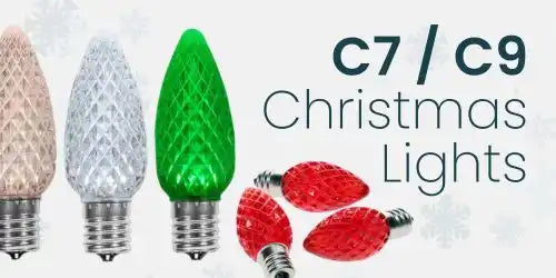 Assortment of C7 and C9 Christmas lights in various colors and shapes.