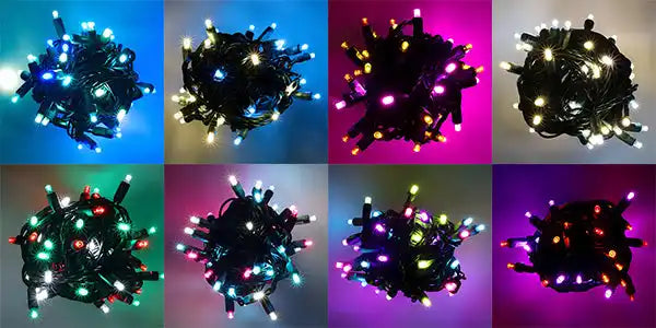 Various bundles of vibrant LED string lights in different colors.