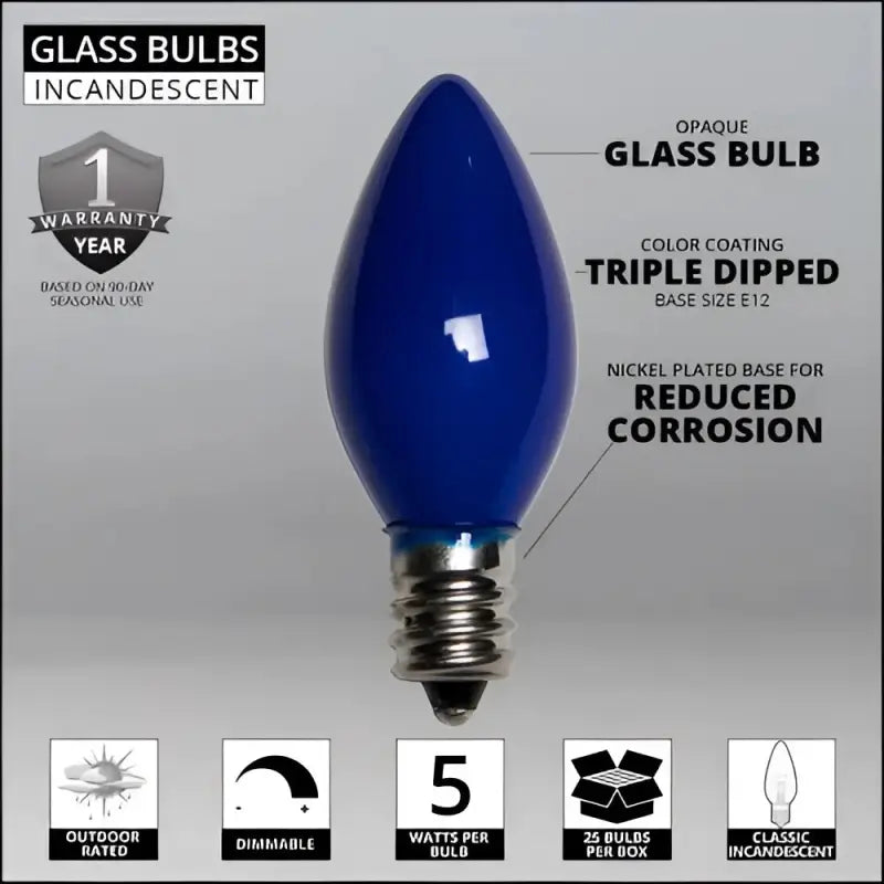 C7 Incandescent Christmas Light Bulbs Blue Opaque Pack of 25 - Christmas Lights