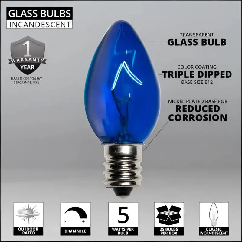 C7 Incandescent Christmas Light Bulbs Blue Transparent Pack of 25 - Christmas Lights