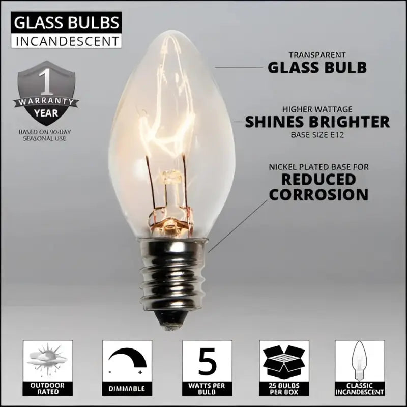C7 Incandescent Christmas Light Bulbs Clear Transparent Pack of 25 - Christmas Lights