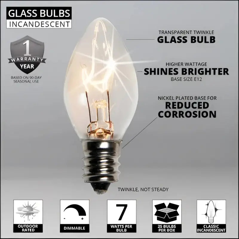 C7 Incandescent Christmas Light Bulbs Clear TWINKLE Transparent Pack of 25 - Christmas Lights