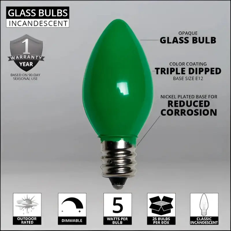 C7 Incandescent Christmas Light Bulbs Green Opaque Pack of 25 - Christmas Lights