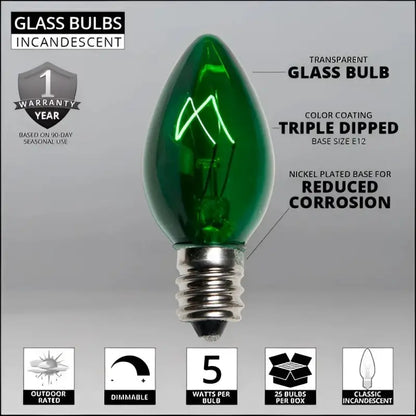 C7 Incandescent Christmas Light Bulbs Green Transparent Pack of 25 - Christmas Lights