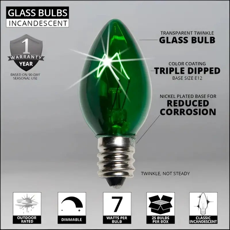 C7 Incandescent Christmas Light Bulbs Green TWINKLE Transparent Pack of 25 - Christmas Lights