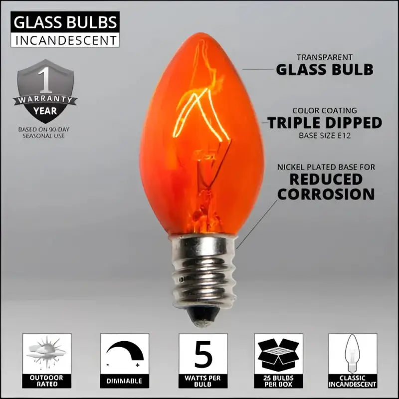 C7 Incandescent Christmas Light Bulbs Orange Transparent Pack of 25 - Christmas Lights
