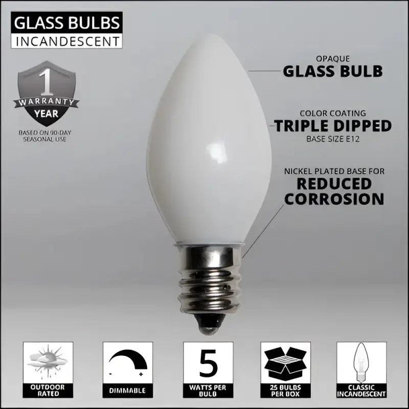 C7 Incandescent Christmas Light Bulbs White Opaque Pack of 25 - Christmas Lights