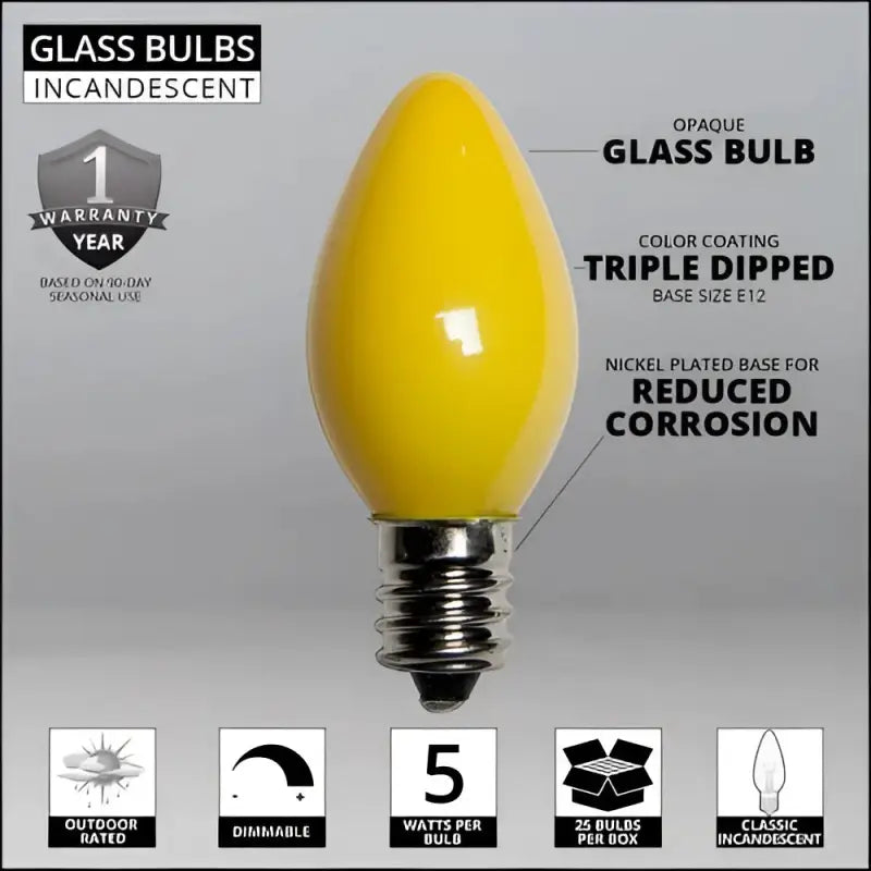 C7 Incandescent Christmas Light Bulbs Yellow Opaque Pack of 25 - Christmas Lights