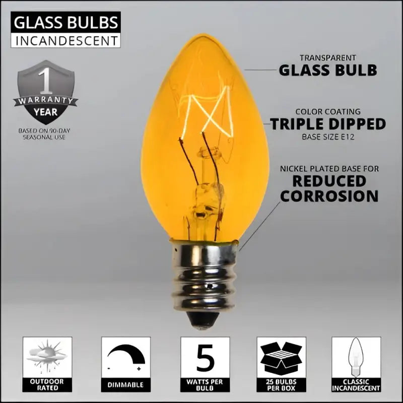 C7 Incandescent Christmas Light Bulbs Yellow Transparent Pack of 25 - Christmas Lights