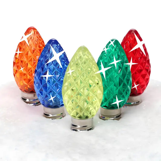C7 Multicolor Red Blue Green Orange Gold Twinkle Faceted ProCore LED Christmas Light Bulbs - Christmas Lights