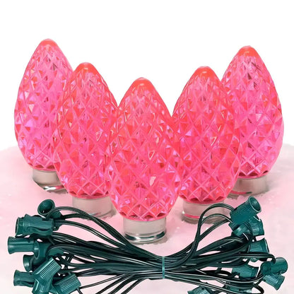 C7 Pink Faceted ProCore LED Christmas Light Bulb String Light Set 25 Lights 25’ - Christmas Lights