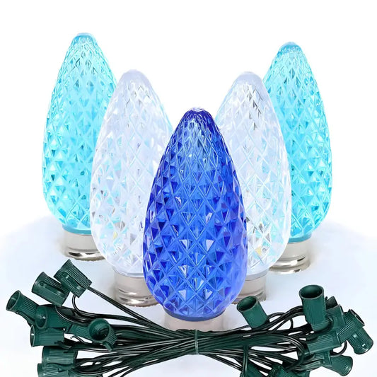 C9 ColorSplash Arctic Blue Cool White Teal Faceted LED Christmas Light Bulb String Light Set 25 Lights 25’ - Christmas