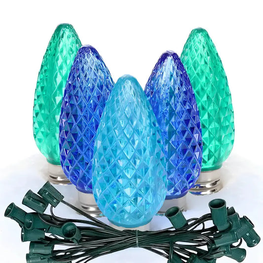 C9 ColorSplash Bahamas Blue Green Teal Faceted LED Christmas Light Bulb String Light Set 25 Lights 25’ - Christmas
