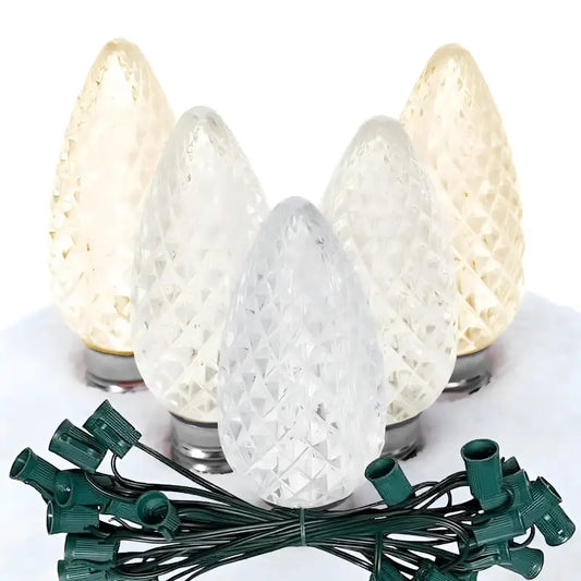 C9 ColorSplash Champagne Warm White Pure White Cool White Faceted LED Christmas Light Bulb String Light Set 25 Lights