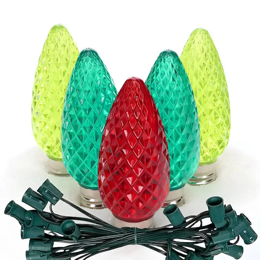 C9 ColorSplash Holly Red Green Lime Green Faceted LED Christmas Light Bulb String Light Set 25 Lights 25’ - Christmas