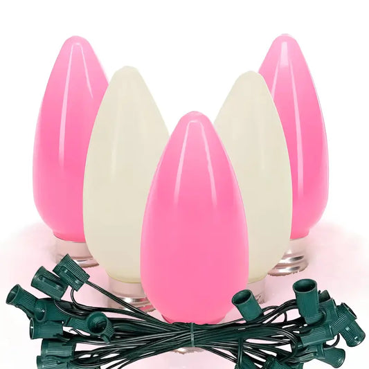 C9 ColorSplash Pink Taffy Warm White Pink Smooth LED Christmas Light Bulb String Light Set 25 Lights 25’ - Christmas