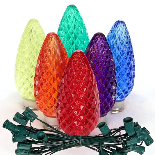 C9 ColorSplash Rainbow Red Green Blue Gold Orange Purple Faceted LED Christmas Light Bulb String Light Set 25 Lights