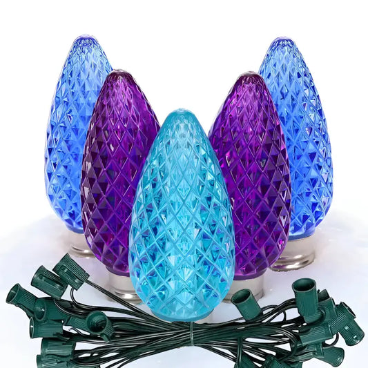 C9 ColorSplash Stardust Blue Purple Teal Faceted LED Christmas Light Bulb String Light Set 25 Lights 25’ - Christmas