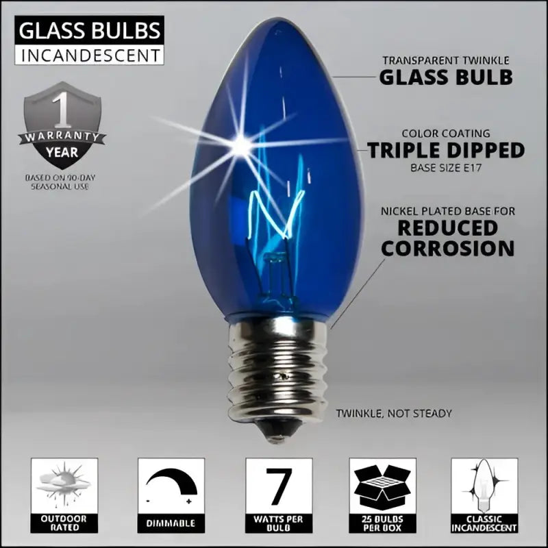 C9 Incandescent Christmas Light Bulbs Blue TWINKLE Transparent Pack of 25 - Christmas Lights