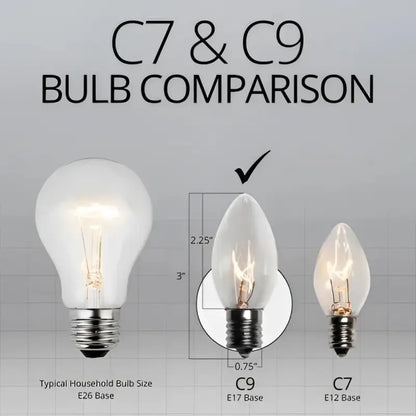 C9 Incandescent Christmas Light Bulbs Clear Transparent Pack of 25 - Christmas Lights