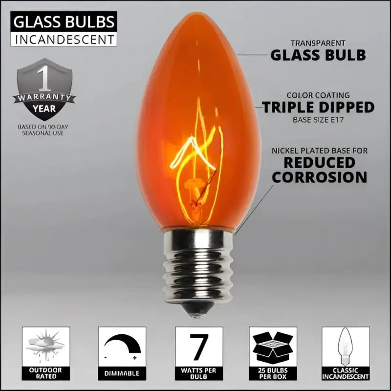 C9 Incandescent Christmas Light Bulbs Orange Transparent Pack of 25 - Christmas Lights
