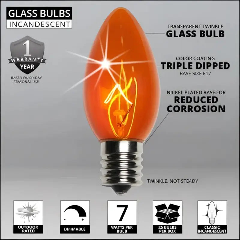 C9 Incandescent Christmas Light Bulbs Orange TWINKLE Transparent Pack of 25 - Christmas Lights