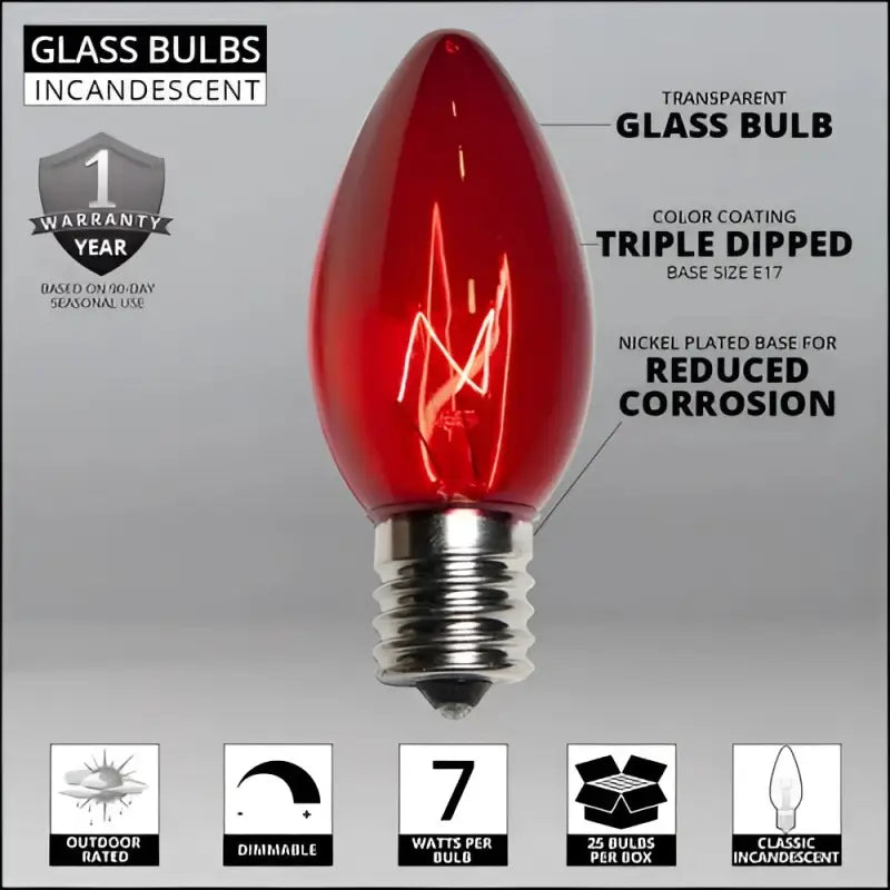 C9 Incandescent Christmas Light Bulbs Red Transparent Pack of 25 - Christmas Lights