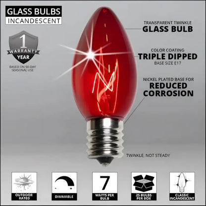 C9 Incandescent Christmas Light Bulbs Red TWINKLE Transparent Pack of 25 - Christmas Lights