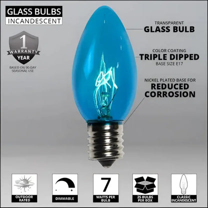 C9 Incandescent Christmas Light Bulbs Teal Transparent Pack of 25 - Christmas Lights