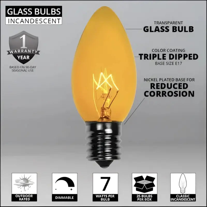 C9 Incandescent Christmas Light Bulbs Yellow Transparent Pack of 25 - Christmas Lights