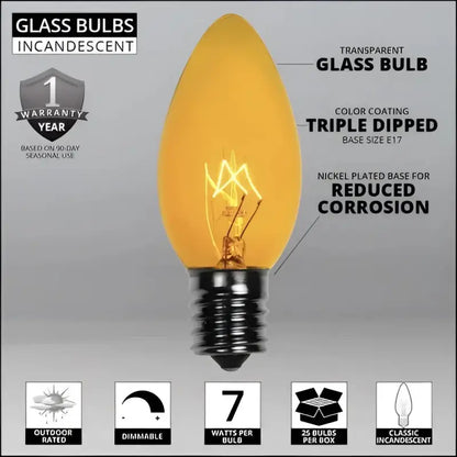 C9 Incandescent Christmas Light Bulbs Yellow Transparent Pack of 25 - Christmas Lights