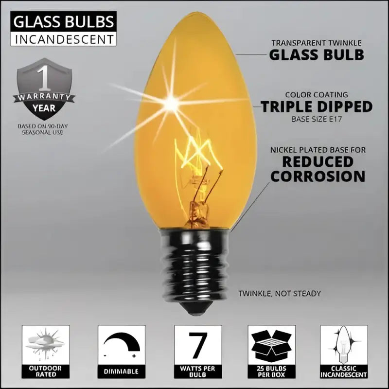 C9 Incandescent Christmas Light Bulbs Yellow TWINKLE Transparent Pack of 25 - Christmas Lights