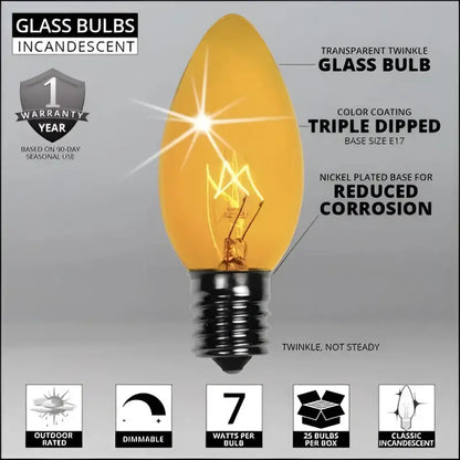 C9 Incandescent Christmas Light Bulbs Yellow TWINKLE Transparent Pack of 25 - Christmas Lights