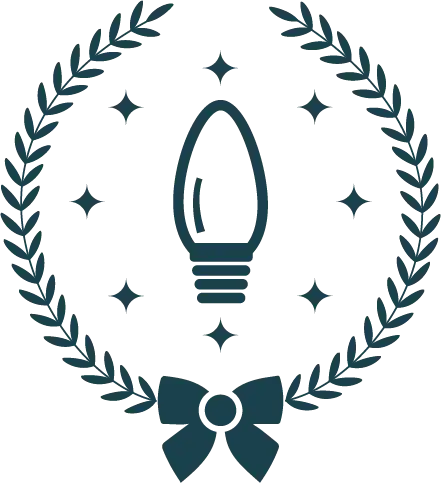 A dark blue Christmas light bulb enclosed in a laurel wreath with a bow.