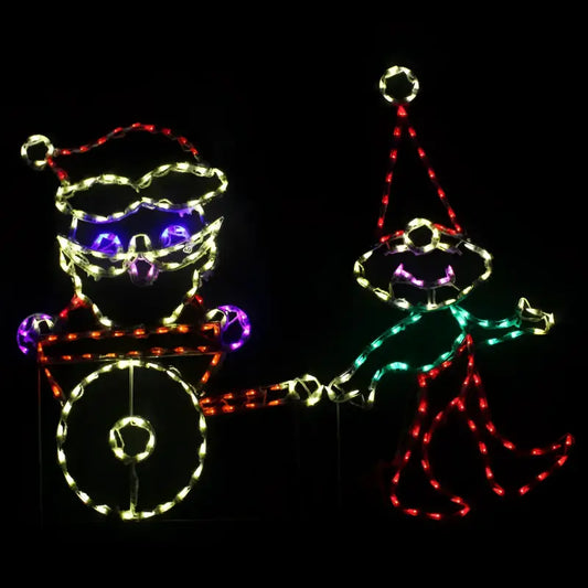 Elf Pulling Santa Claus in Cart - Wireframes Displays and Yard Art