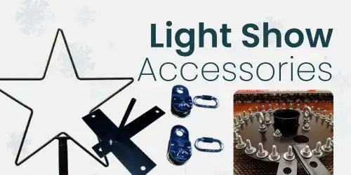 Various light show accessories including a star frame, mounting brackets, pulleys, and a light-mounting disc.