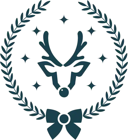 A pixel art emblem featuring a stylized animal head (possibly a deer or wolf) surrounded by a laurel wreath and stars, with a bow at the bottom.