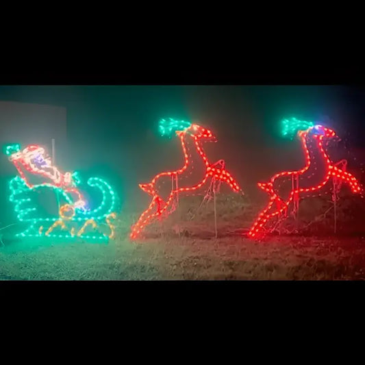Santa in Sleigh With 2 Leaping Deer - Animated - Wireframes Displays and Yard Art