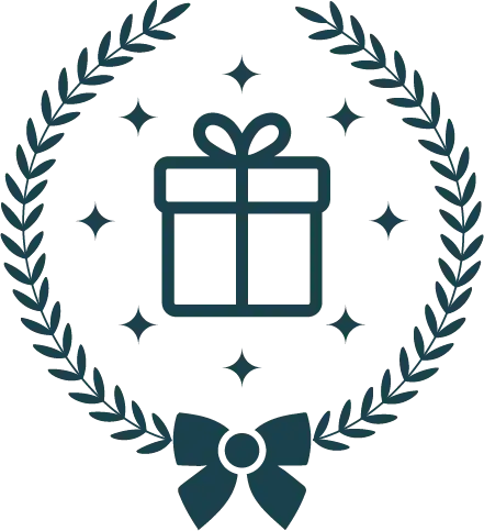 A stylized pixel art gift box with a bow, surrounded by stars and a laurel wreath.