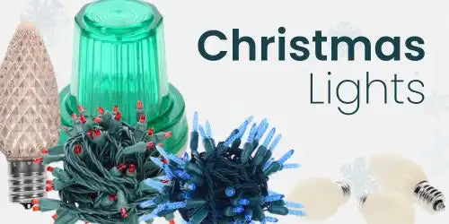 Various types of Christmas lights, including large C7/C9 style bulbs, a green strobe light, and strings of mini-lights.