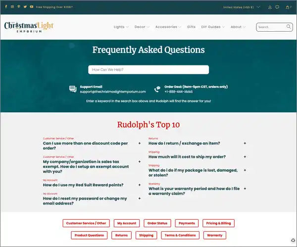 A website’s ’Frequently Asked Questions’ page for a Christmas light store.